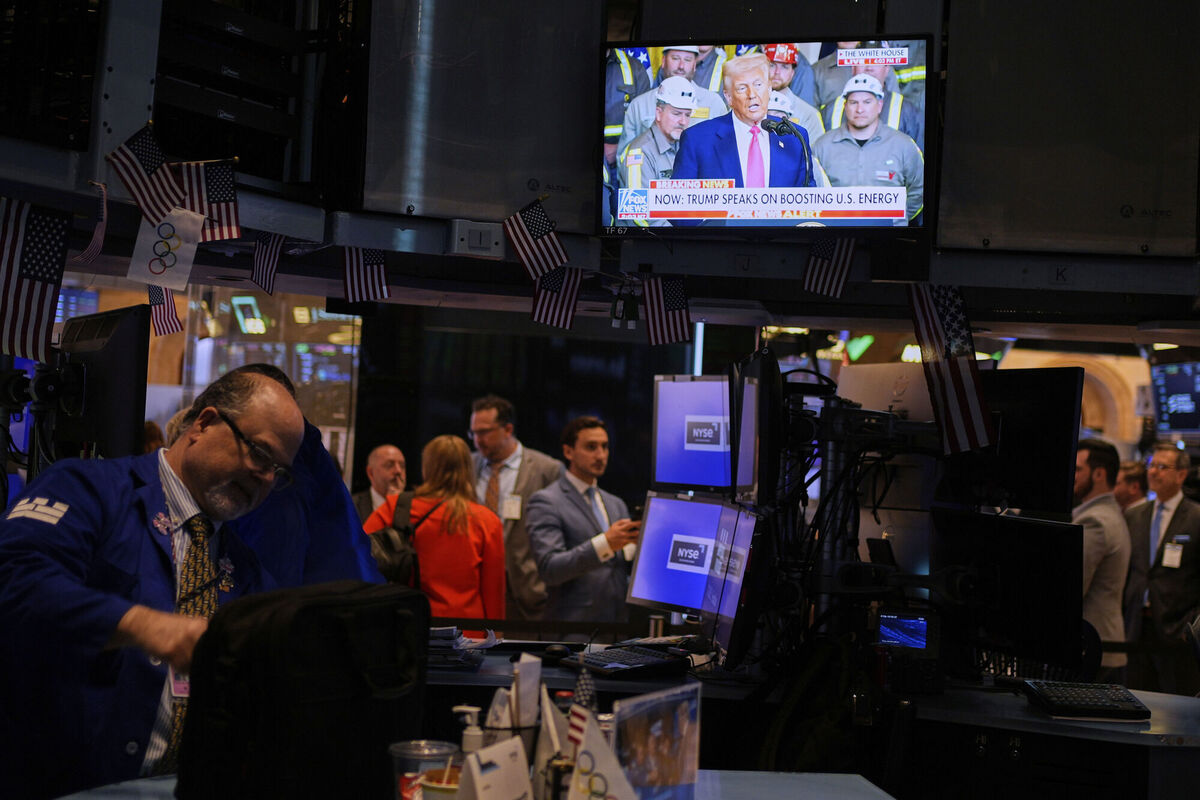 President Donald Trump on a television on the floor at the New York Stock Exchange. Picture: AP Photo/Seth Wenig