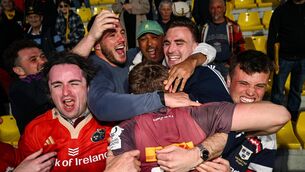 <p>GANG'S ALL HERE: Jack Crowley of Munster celebrates with Munster players Alex Nankivell and Shane Daly, and former Munster player Simon Zebo after the Investec Champions Cup Round of 16 match between La Rochelle and Munster at Stade Marcel Deflandre in La Rochelle, France. Photo by Ramsey Cardy/Sportsfile</p>