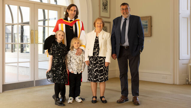 <p>Pictured from left: Novelist Paul Lynch (second from left) with his children Amelie and Elliot and parents Mary and Pat at the University of Limerick on Friday. Paul said: 'It’s a wonderful honour, I immediately thought of my beloved grandparents on either side, it’s the kind of thing that would've given them a bit of a thrill.' Picture: Sean Curtin</p>
