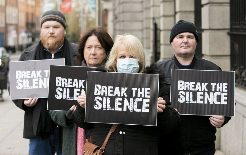 Mick Finnegan, Valerie McLoughlin, Mags Lamont, and Martin Hoey at Leinster House in 2022, demanding publication of the report into historical child sexual abuse allegations at St John Ambulance Ireland. File picture: Gareth Chaney Mick Finnegan, Valerie McLoughlin, Mags Lamont, and Martin Hoey at Leinster House in 2022, demanding publication of the report into historical child sexual abuse allegations at St John Ambulance Ireland. File picture: Gareth Chaney