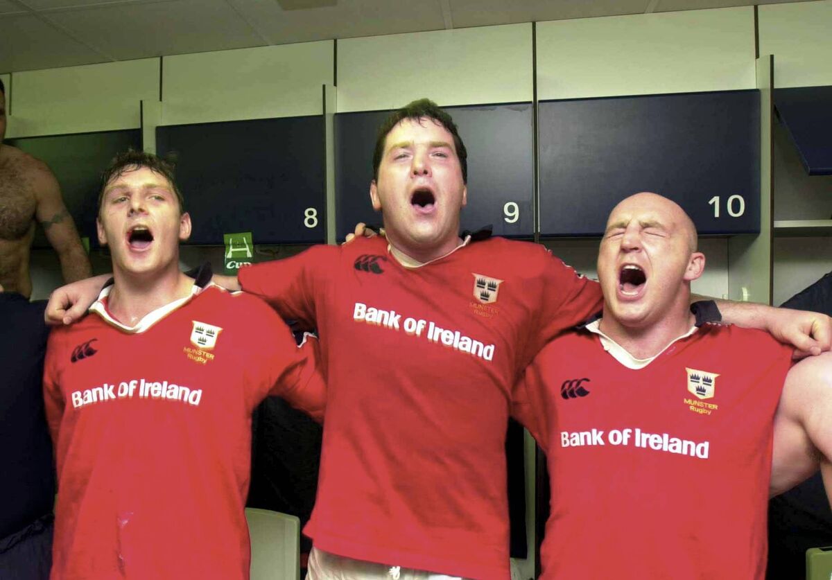 Munster players, from left, David Wallace, the late Anthony Foley and Keith Wood celebrate following their side's victory. Pic: Matt Browne/Sportsfile