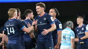 <p>JOB WELL DONE: Leinster's Tommy O'Brien and Jordie Barrett celebrate following the Investec Champions Cup quarter-final match at the Aviva Stadium, Dublin in Ireland. Pic: Damien Eagers/PA Wire</p>
