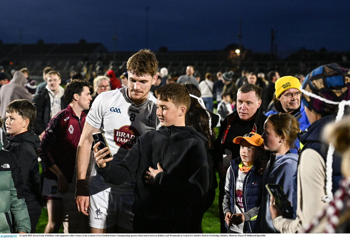 Kevin Feely of Kildare with supporters after victory in the Leinster GAA Football Senior Championship quarter-final match between Kildare and Westmeath at Cedral St Conleth's Park in Newbridge, KiIdare. Photo by Piaras Ă“ MĂdheach/Sportsfile Kevin Feely of Kildare with supporters after victory in the Leinster GAA Football Senior Championship quarter-final match between Kildare and Westmeath at Cedral St Conleth's Park in Newbridge, KiIdare. Photo by Piaras Ă“ MĂdheach/Sportsfile