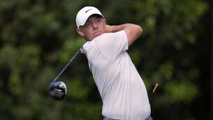 <p>Rory McIlroy watches his tee shot on the 11th hole during the third round at the Masters golf tournament, Saturday, April 12, 2025, in Augusta, Ga. (AP Photo/George Walker IV)</p>