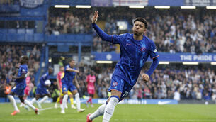 <p>Chelsea's Jadon Sancho celebrates scoring their side's second goal. Pic: Nigel French/PA Wire.</p>