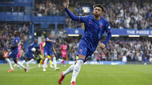 <p>LEVEL: Chelsea's Jadon Sancho celebrates scoring their side's second goal of the game during the Premier League match at Stamford Bridge. </p>