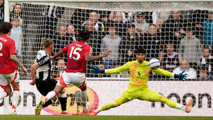 <p>Newcastle United's Harvey Barnes scores his second and his side's third goal at St James' Park. Pic: Owen Humphreys/PA Wire.</p>