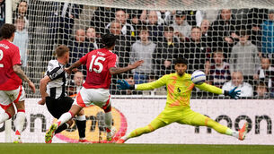 <p>Newcastle United's Harvey Barnes (second left) scores his second and his side's third goal.</p>