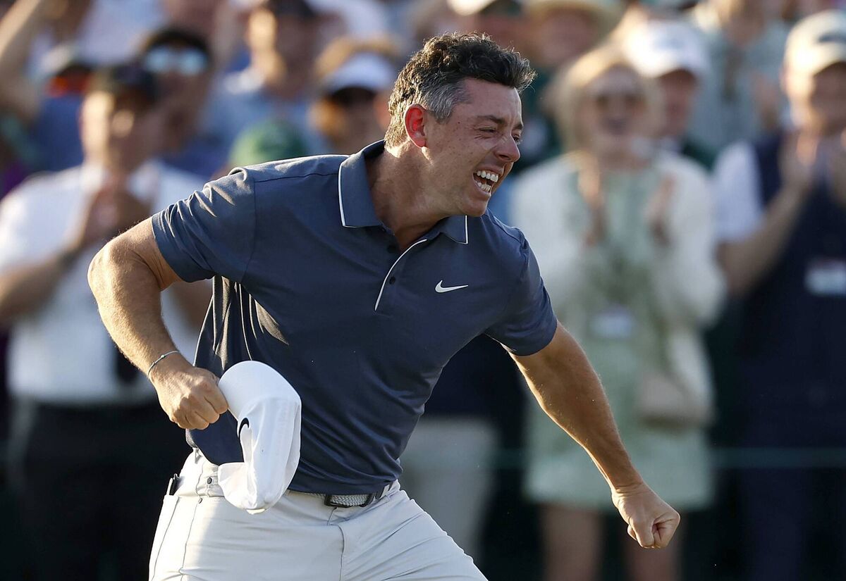 Rory McIlroy celebrates winning the 2025 Masters Tournament after the first playoff hole on the 18th green at Augusta National Golf Club. Pic: Harry How/Getty Images