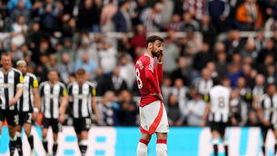 <p>Manchester United skipper Bruno Fernandes is looking for a reaction against Lyon on Thursday evening (Owen Humphreys/PA)</p>