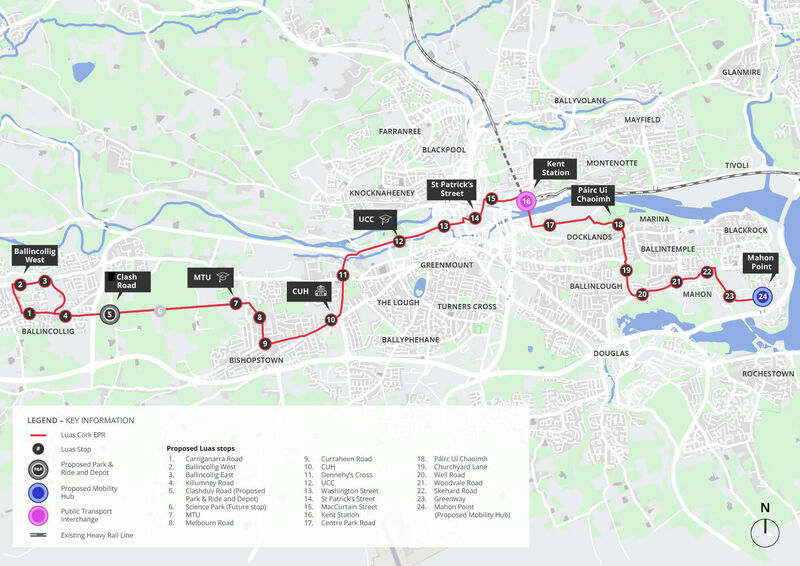 A map showing the emerging preferred route of the 18km Cork Luas route linking Ballincollig to Mahon Point. 