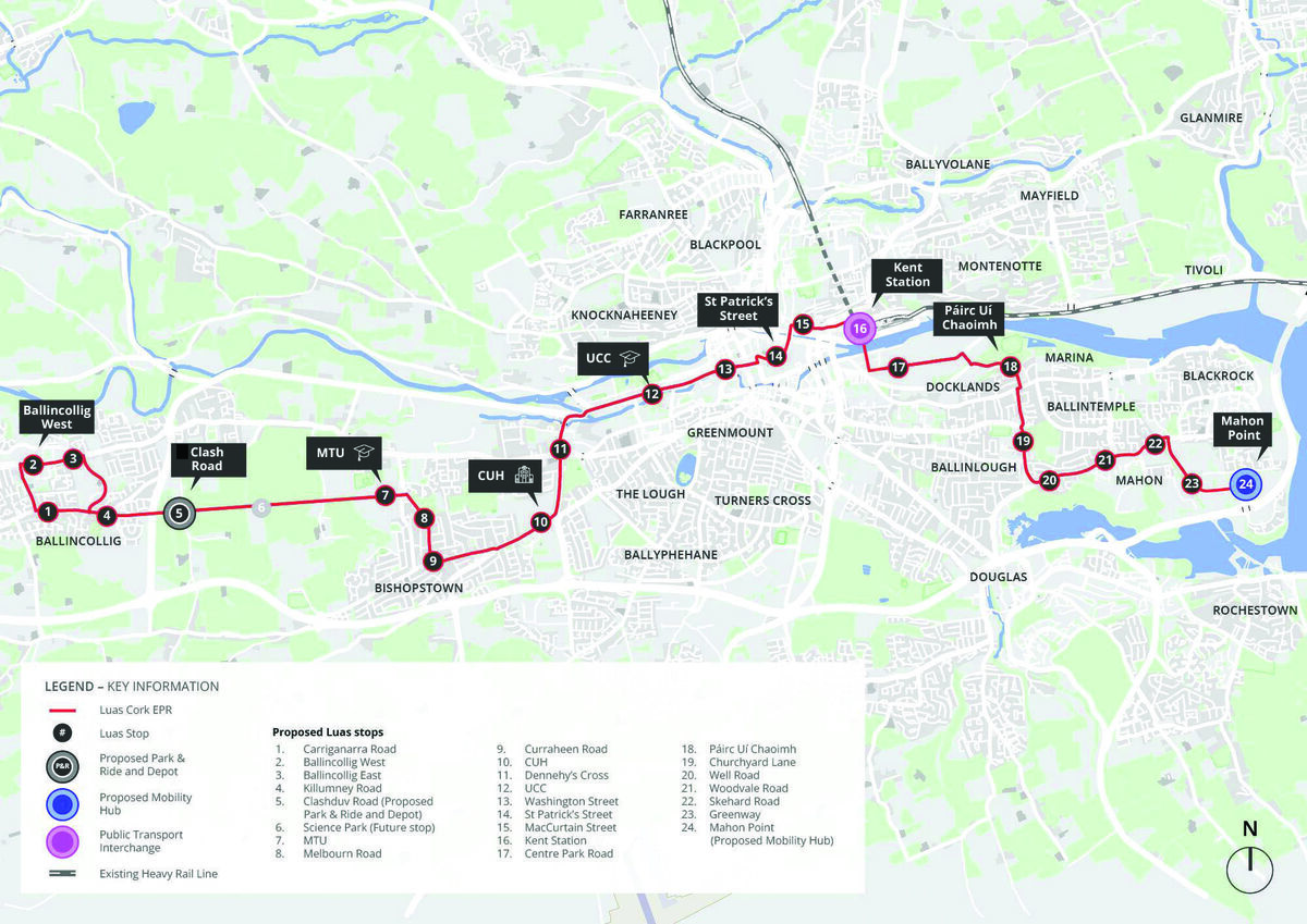 A map showing the emerging preferred route of the 18km Cork Luas route linking Ballincollig to Mahon Point. 