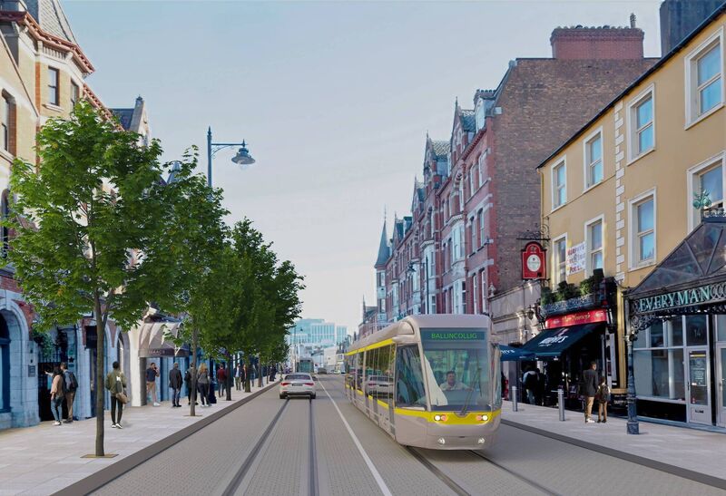 A CGI of the Cork Luas tram on MacCurtain St.