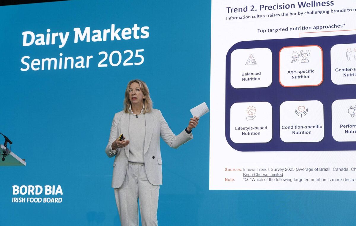 Lu Ann Williams, co-founder and global senior vice-president of research with Innova Market Insight, speaking at the Bord Bia Dairy Markets Seminar 2025 at Killashee Hotel, Naas, Co Kildare. Picture: Damien Eagers 