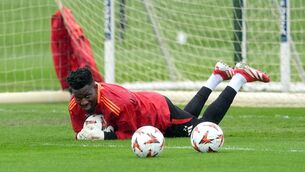 <p>Manchester United goalkeeper Andre Onana during a training session at Trafford Training Centre, Carrington. Pic: Martin Rickett/PA Wire.</p>