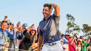 <p>Rory McIlroy celebrates on the 18th green after winning his playoff during the final round of the Masters Tournament at Augusta National Golf Club in Georgia, USA. Photo by Kyle Terada/Sportsfile</p>