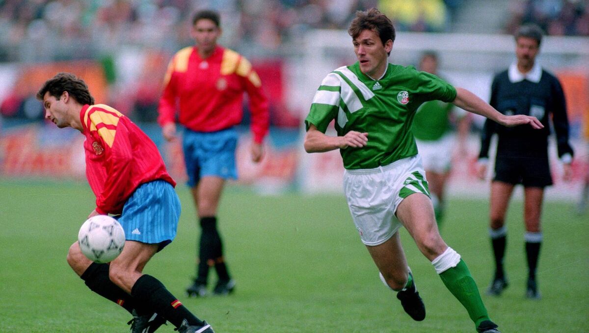 GLORY DAYS: Tony Cascarino taking on Spain in FIFA World Cup Qualifying in 1993. (Photo by David Davies/Offside via Getty Images)