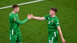 <p>GREEN SHOOTS: Evan Ferguson of Republic of Ireland, right, celebrates with team-mate Jake O'Brien after scoring their side's first goal during the UEFA Nations League B/C Play-off 2nd Leg match between Republic of Ireland and Bulgaria at the Aviva Stadium in Dublin. Pic: Sam Barnes/Sportsfile</p>