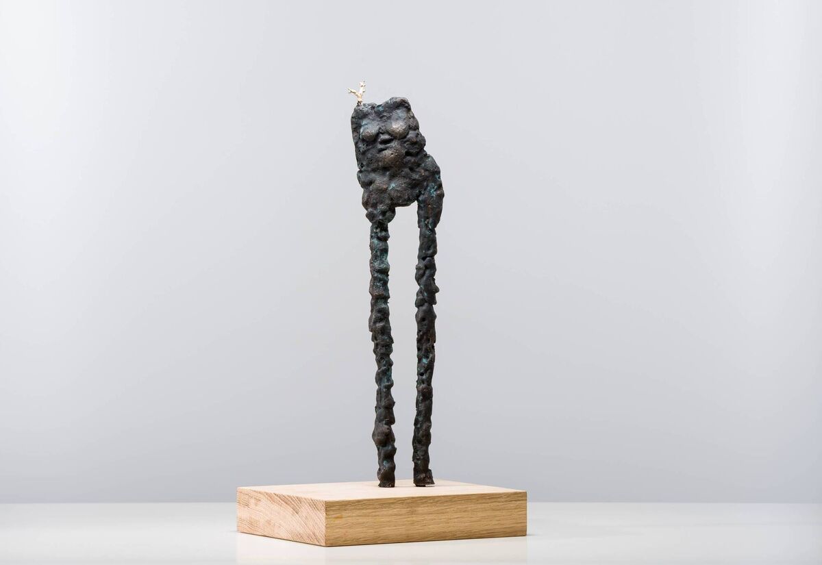 A piece by Helle Helsner: Cailleach - bronze on oak.