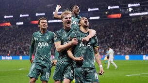 <p>BETTER CALL SOL: Tottenham Hotspur's Dominic Solanke (right) celebrates with Lucas Bergvall and team-mates after scoring their side's first goal of the game from a penalty during the UEFA Europa League quarter-final, second leg match at the Deutsche Bank Park in Frankfurt, Germany. Pic: Bradley Collyer/PA Wire</p>