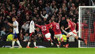 <p>HARRY HOUDINI: Manchester United's Harry Maguire celebrates scoring their side's fifth goal of the game during the UEFA Europa League quarter-final, second leg match at the Old Trafford in Manchester, England. Pic: Martin Rickett/PA Wire</p>