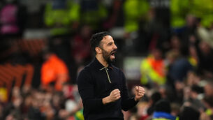 <p>Ruben Amorim celebrates Harry Maguire’s winner (Martin Rickett/PA)</p>