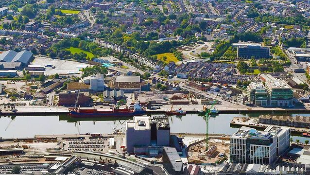 <p>A panoramic aerial shot of the docklands area of Cork taken mid April 2025</p>