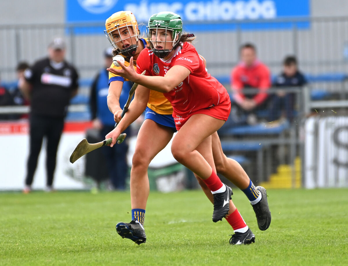 Cork's Cliona Healy wins the sliotar from Clare's Abby Walsh during the Munster senior camogie championship semi-final at Zimmer Biomet Páirc Chíosóg, Ennis. Picture: Eddie O'Hare