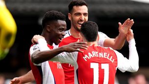 <p>Bukayo Saka (left) and Mikel Merino celebrate with Gabriel Martinelli (John Walton/PA)</p>