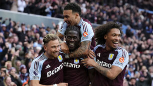 <p>Aston Villa's Amadou Onana (centre) celebrates with Matty Cash (left) Morgan Rogers (top) and Boubacar Kamara (right) after scoring his sides fourth goal during the Premier League match at Villa Park, Birmingham. Picture: Nick Potts/PA Wire. </p>