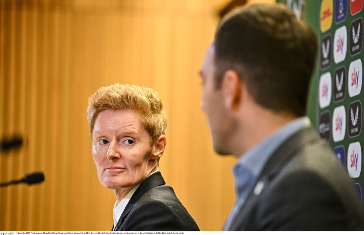 DON'T LOOK BACK IN ANGER: Eileen Gleeson with Marc Canham at a press conference. Pic: Seb Daly/Sportsfile. DON'T LOOK BACK IN ANGER: Eileen Gleeson with Marc Canham at a press conference. Pic: Seb Daly/Sportsfile.