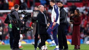 <p>Paul Scholes and Rio Ferdinand former Manchester United players and TV pundits interact with Nemanja Matic of Olympique Lyonnais. Pic: Carl Recine/Getty Images)</p>