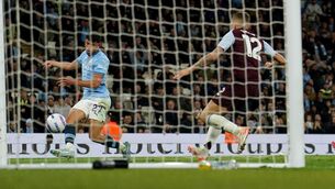 <p>BIG GOAL: Manchester City's Matheus Nunes scores the winner in injury time. Pic: Martin Rickett/PA Wire.</p>