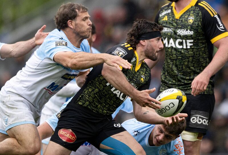 La Rochelle's French centre Jules Favre, centre, runs with the ball. File picture: Xavier Leoty/Getty