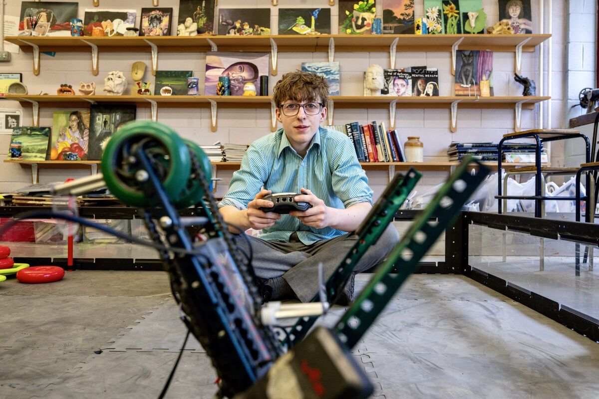 Ferdia Cussen Gannon, one of five students from Gaelcholáiste Choilm's robotics team that has qualified for the VEX World Robotics Finals in Texas next month. The team is currently upgrading their robot ahead of the trip and fundraising to cover the €25,000 cost. Picture: Chani Anderson