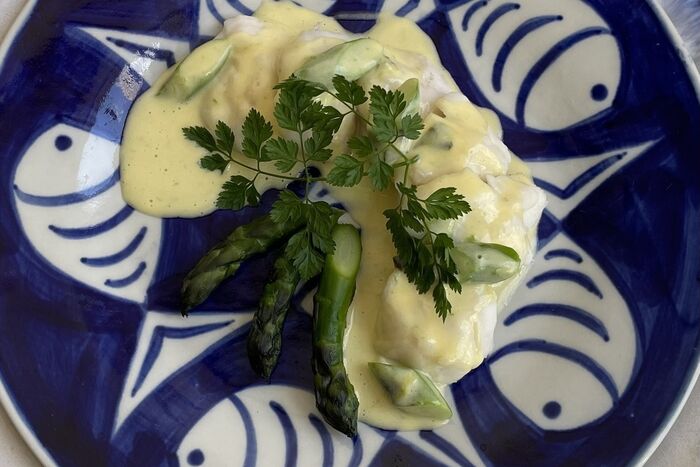Poached Monkfish Cheeks with Asparagus Butter