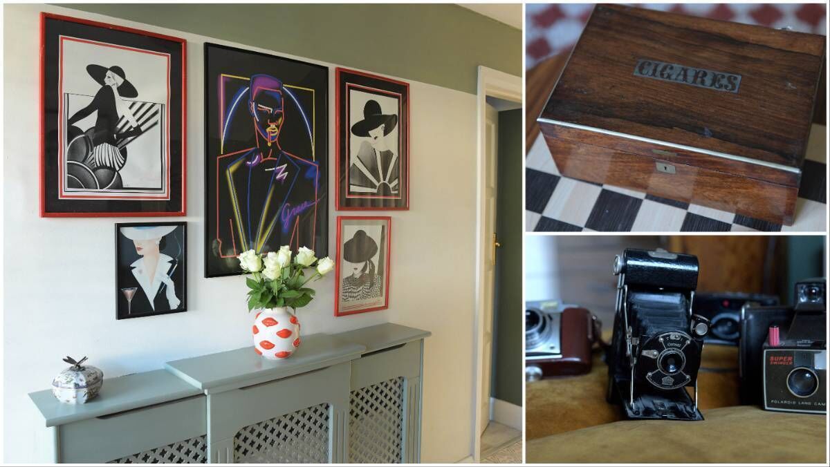 Kat's hallway and top, a cigar box, and below, Kat's vintage cameras.