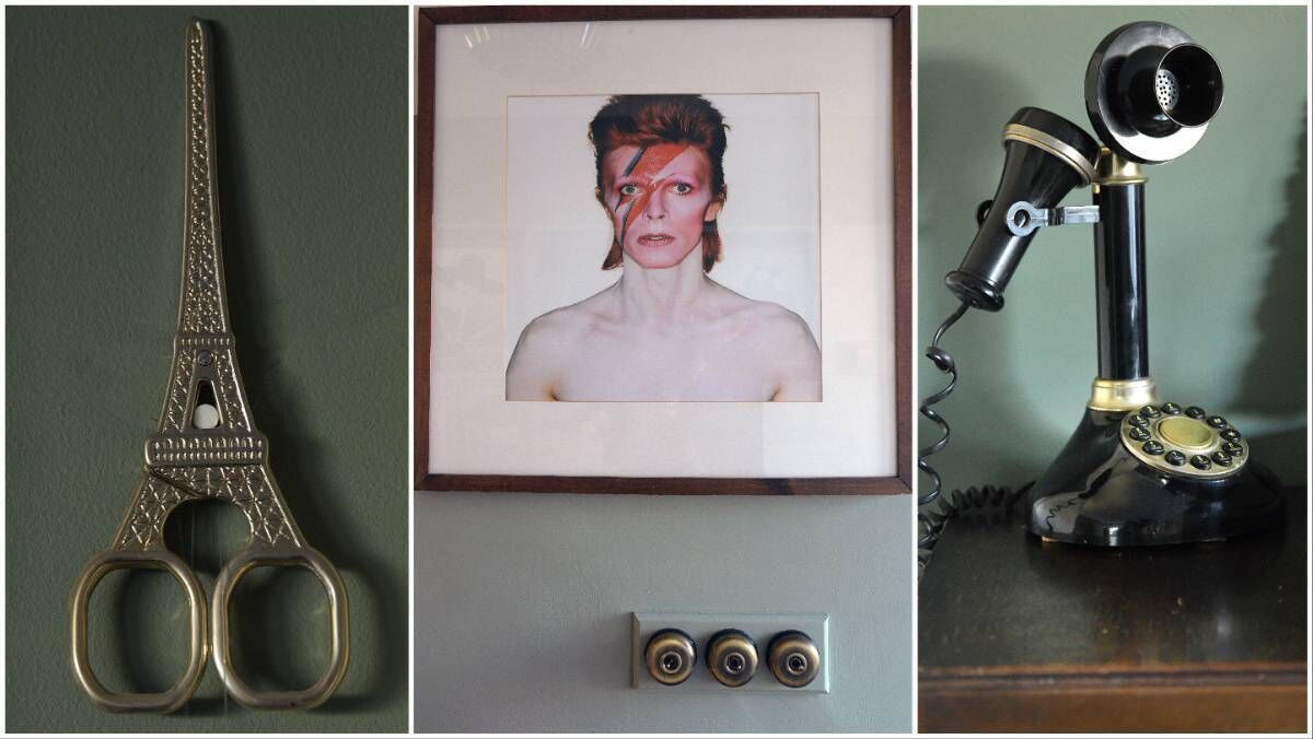 Eiffel Tower scissors, hallway detail, centre, and antique telephone. 