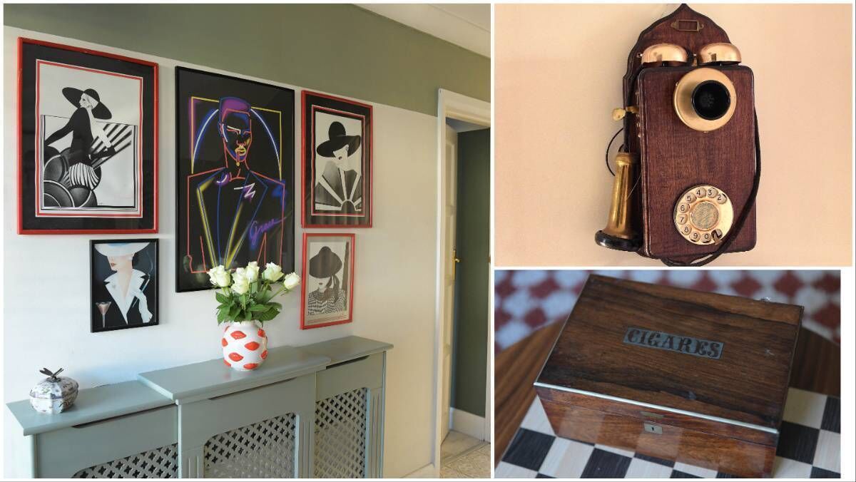 The hallway, left, and top right, the antique telephone, and below, the 1950s cigar box.
