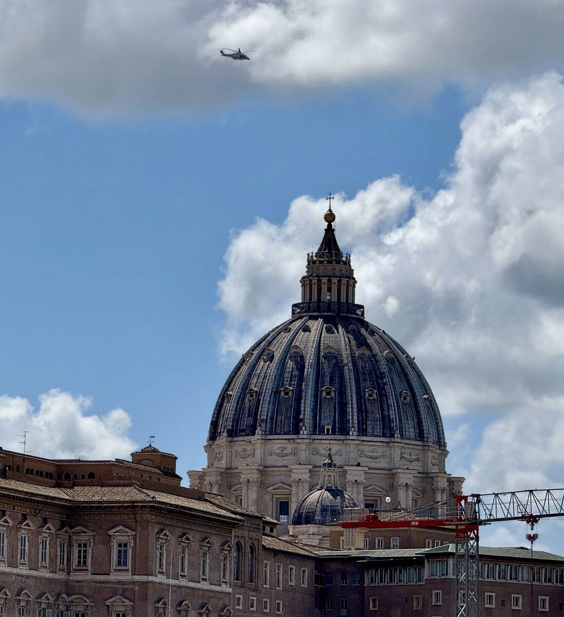 Security helicopter constantly circling the Vatican as part of the security arrangements ahead of the papal funeral tomorrow. Pic for Neil Michael