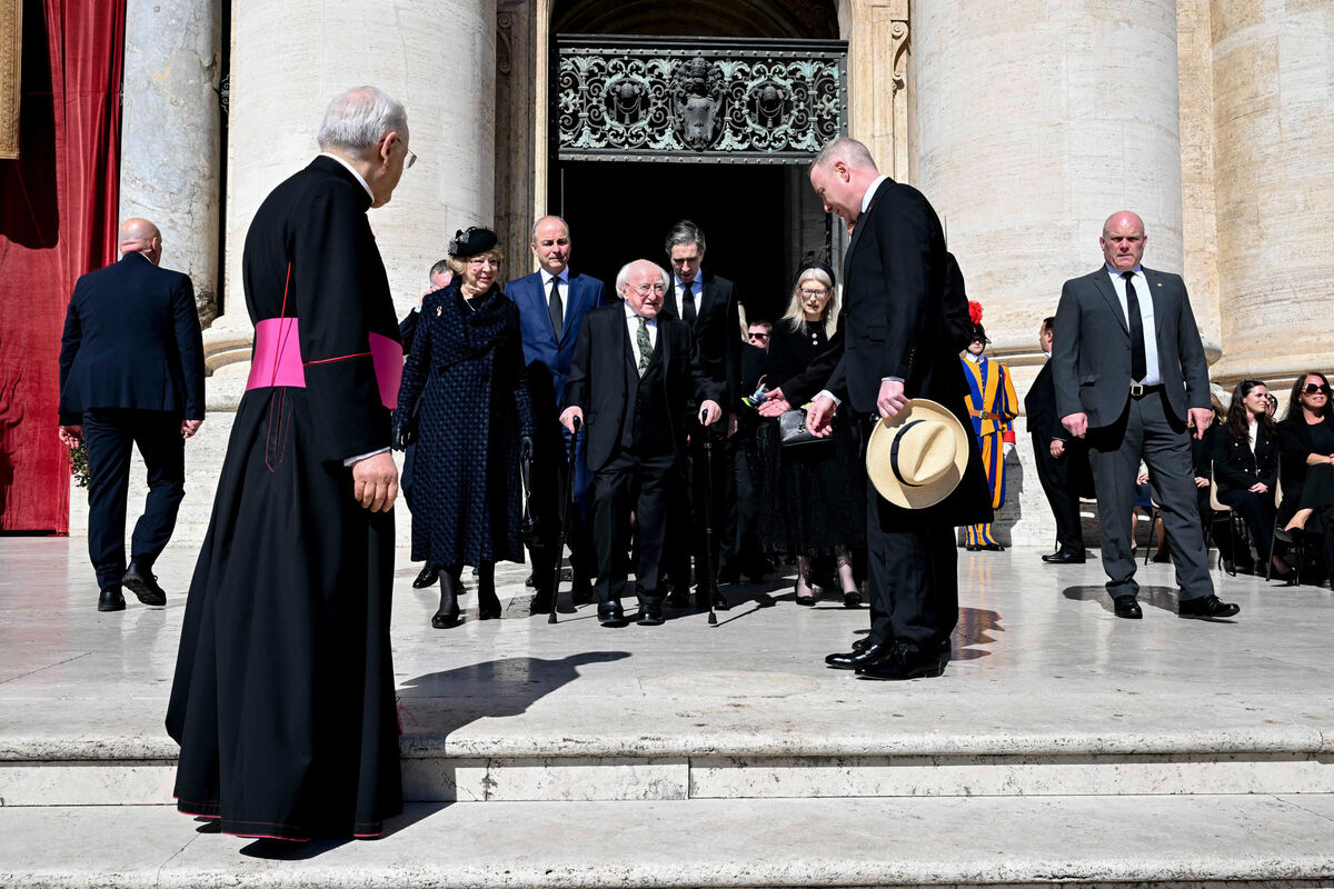 President Michael D Higgins, his wife Sabina, Taoiseach Micheál Martin (fifth from left) and Tánaiste Simon Harris (seventh from left) attend the funeral of Pope Francis in Vatican City. Picture: Simone Risoluti/Maxwells/PA Wire