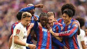 <p>ON THE MARCH: Crystal Palace's Eberechi Eze (centre) celebrates scoring their side's first goal of the game during the Emirates FA Cup semi-final match at Wembley Stadium, London. Pic: Nick Potts/PA Wire</p>