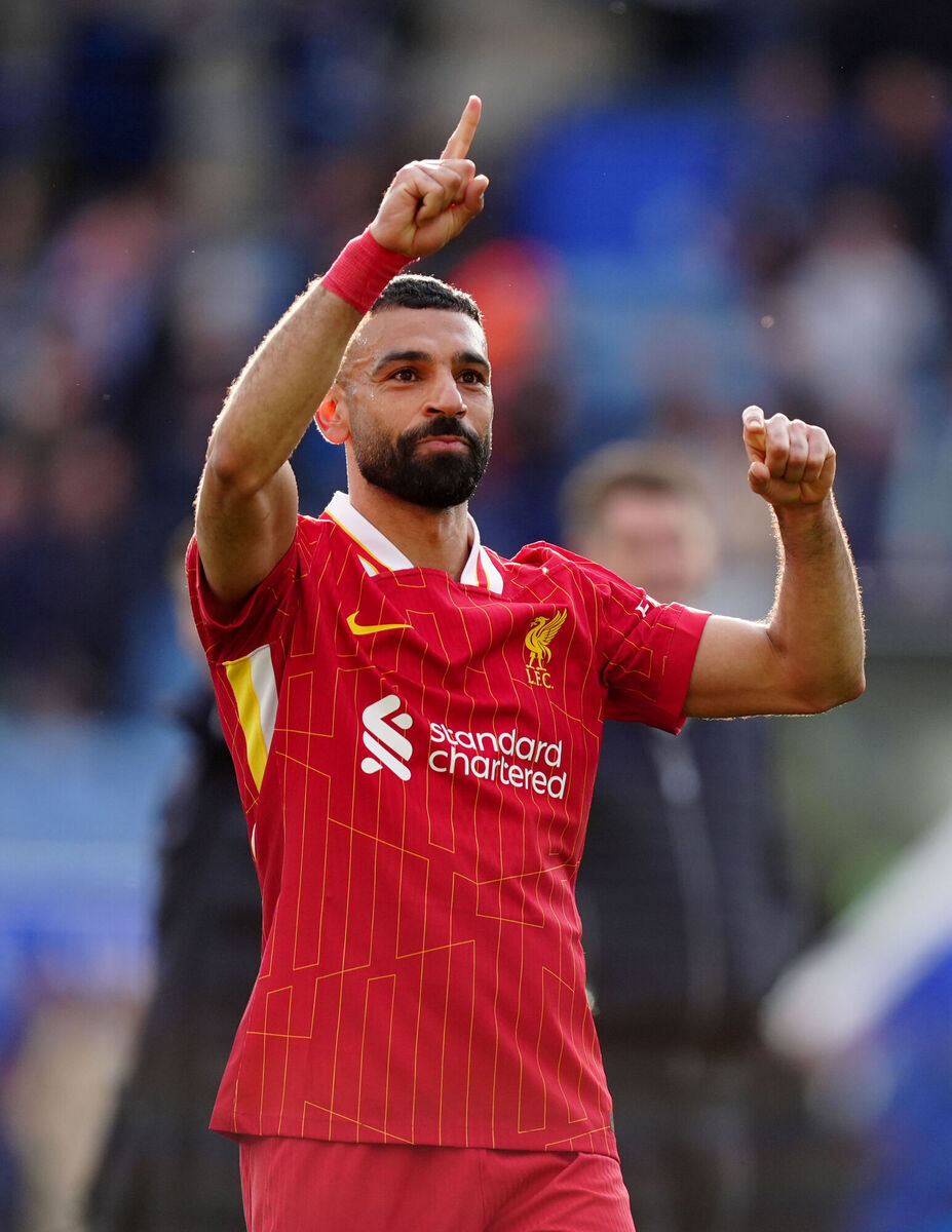 Liverpool's Mohamed Salah celebrates at the final whistle against Leicester. Pic: Mike Egerton/PA Wire. Liverpool's Mohamed Salah celebrates at the final whistle against Leicester. Pic: Mike Egerton/PA Wire.