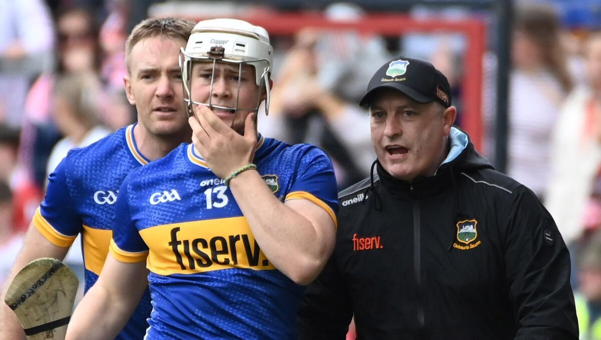 Tipperary's Darragh McCarthy with manager Liam Cahill after his sending off against Cork in the Munster SHC , round 2 at SuperValu Páirc Uí Chaoimh . Picture: Eddie O'Hare Tipperary's Darragh McCarthy with manager Liam Cahill after his sending off against Cork in the Munster SHC , round 2 at SuperValu Páirc Uí Chaoimh . Picture: Eddie O'Hare
