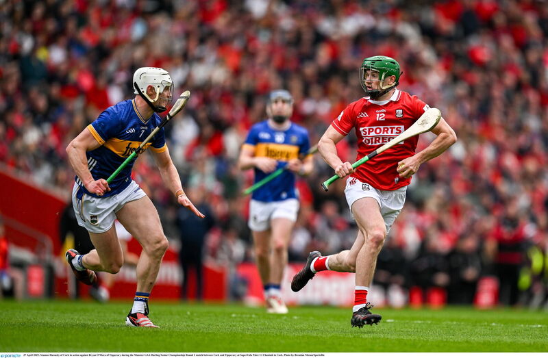 Séamus Harnedy of Cork in action against Bryan O'Mara of Tipperary during the Munster GAA Hurling Senior Championship Round 2 match between Cork and Tipperary at SuperValu Páirc Uí Chaoimh in Cork. Photo by Brendan Moran/Sportsfile