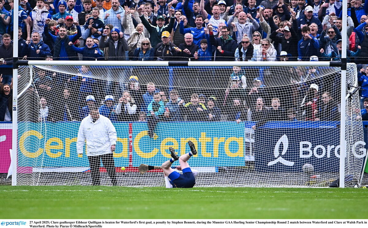 Clare goalkeeper Eibhear Quilligan is beaten for Waterford's first goal, a penalty by Stephen Bennett, during the Munster GAA Hurling Senior Championship Round 2 match between Waterford and Clare at Walsh Park in Waterford. Photo by Piaras Ó Mídheach/Sportsfile
