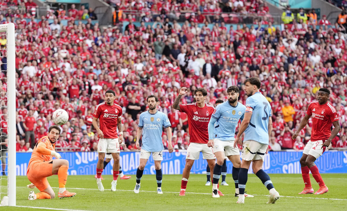 Nottingham Forest's Taiwo Awoniyi (right) hits the post with a shot on goal during the Emirates FA Cup Semi Final match at Wembley. Picture: Nick Potts/PA Wire. 
