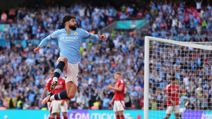 <p>Manchester City's Josko Gvardiol celebrates scoring their side's second goal of the game during the Emirates FA Cup Semi Final match at Wembley Stadium, London. Picture date: Sunday April 27, 2025.</p>