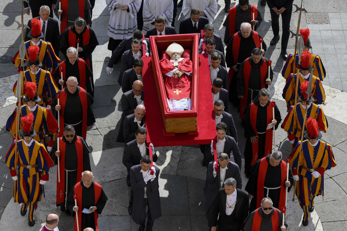 The body of Pope Francis is carried in an open coffin through St Peter's Square. Picture: Vatican Media/AP