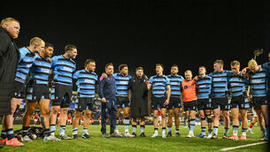 <p>Cardiff’s Josh Adams speaks to the team after the game. Pic: Mike Jones/Inpho</p>